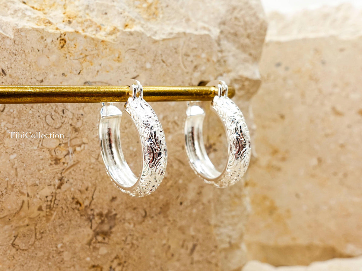 Sterling Silver Vintage Engraved Hoop Earrings, Medium Floral Hoops Gift for Her