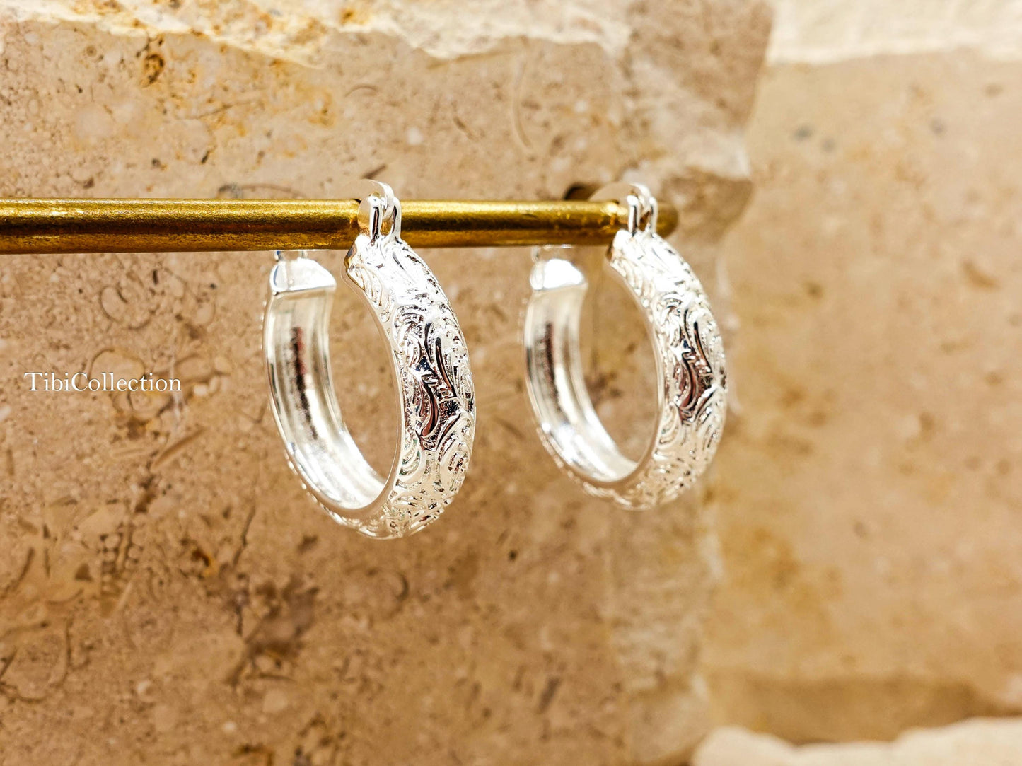 925 Sterling Silver Vintage Engraved Hoop Earrings, Medium Floral Hoops Gift for Her