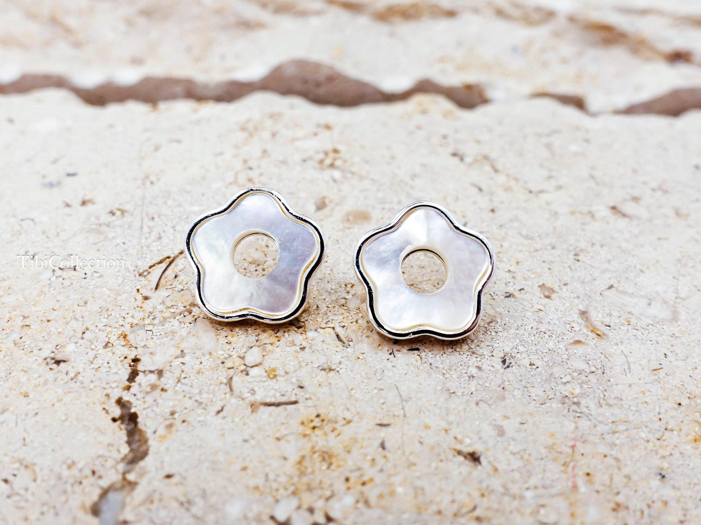 Sterling Silver Mother of Pearl Flower Stud Earrings, Floral Jewelry