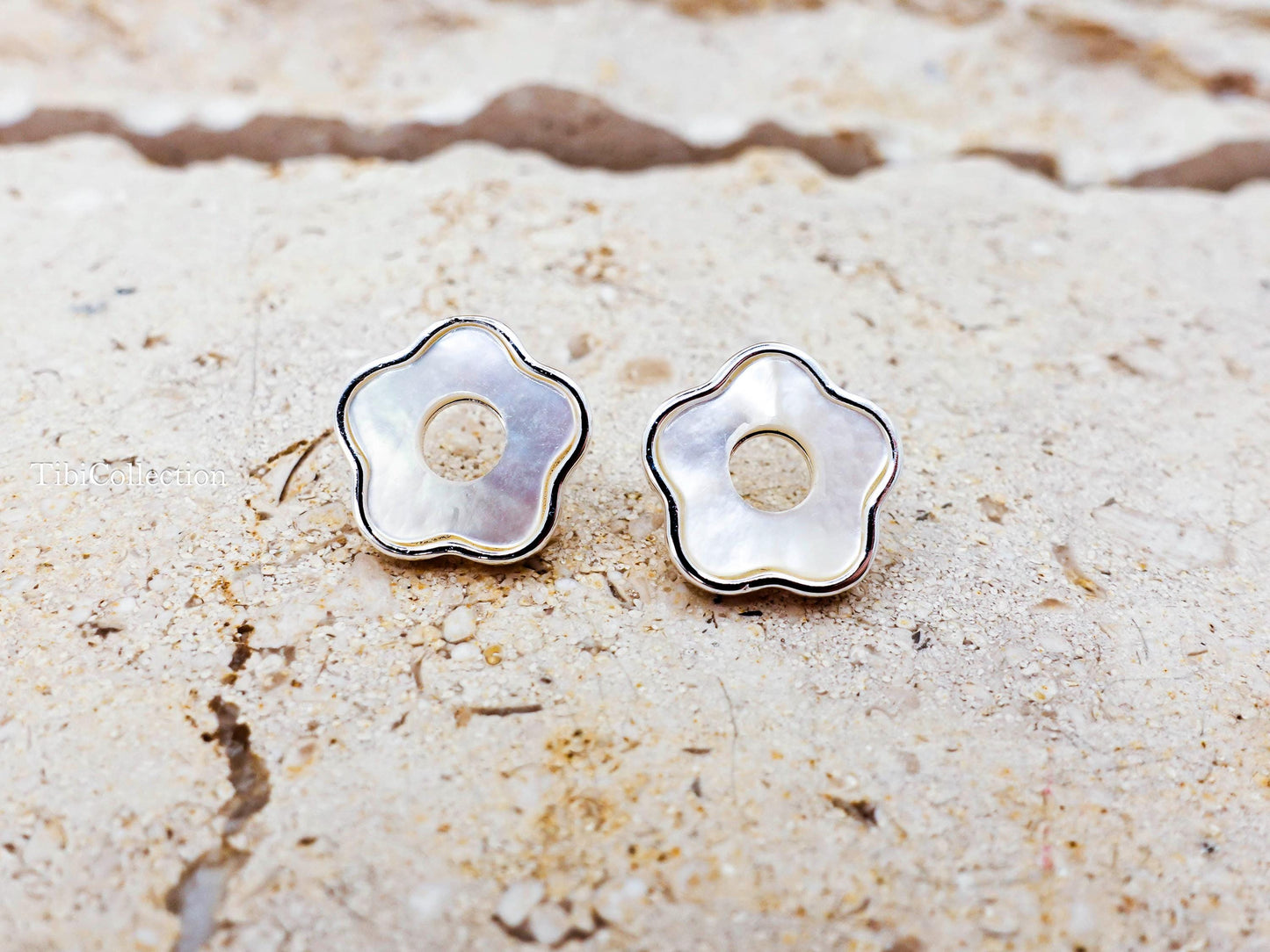 Sterling Silver Mother of Pearl Flower Stud Earrings, Floral Jewelry