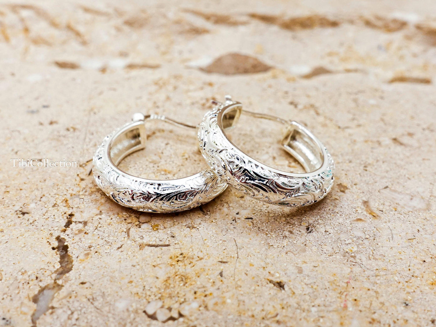 925 Sterling Silver Vintage Engraved Hoop Earrings, Medium Floral Hoops Gift for Her