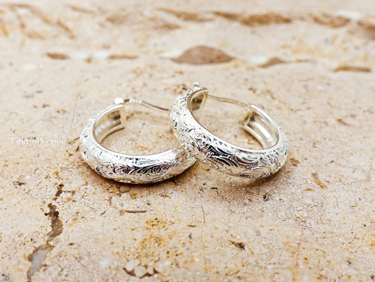 925 Sterling Silver Vintage Engraved Hoop Earrings, Medium Floral Hoops Gift for Her