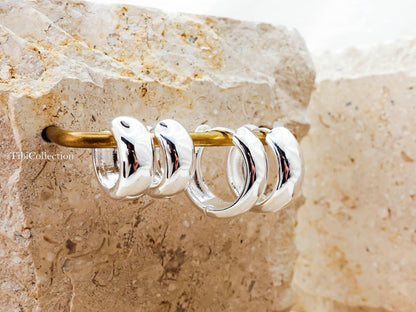 Sterling Silver Wide Huggie Hoop Earrings, Everyday Chunky Hoops Gift For Her Mom