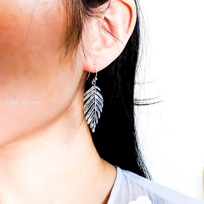Sterling Silver Leaf Dangle Earrings, Fern Leaf Feather Boho Jewelry Gift for Her