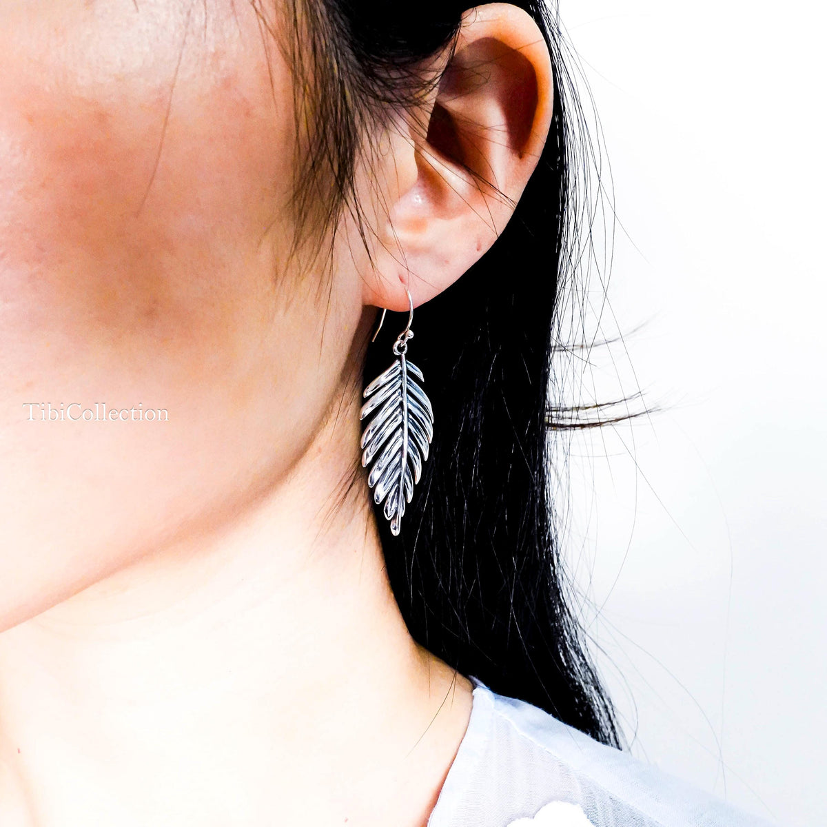 Sterling Silver Leaf Dangle Earrings, Fern Leaf Feather Boho Jewelry Gift for Her