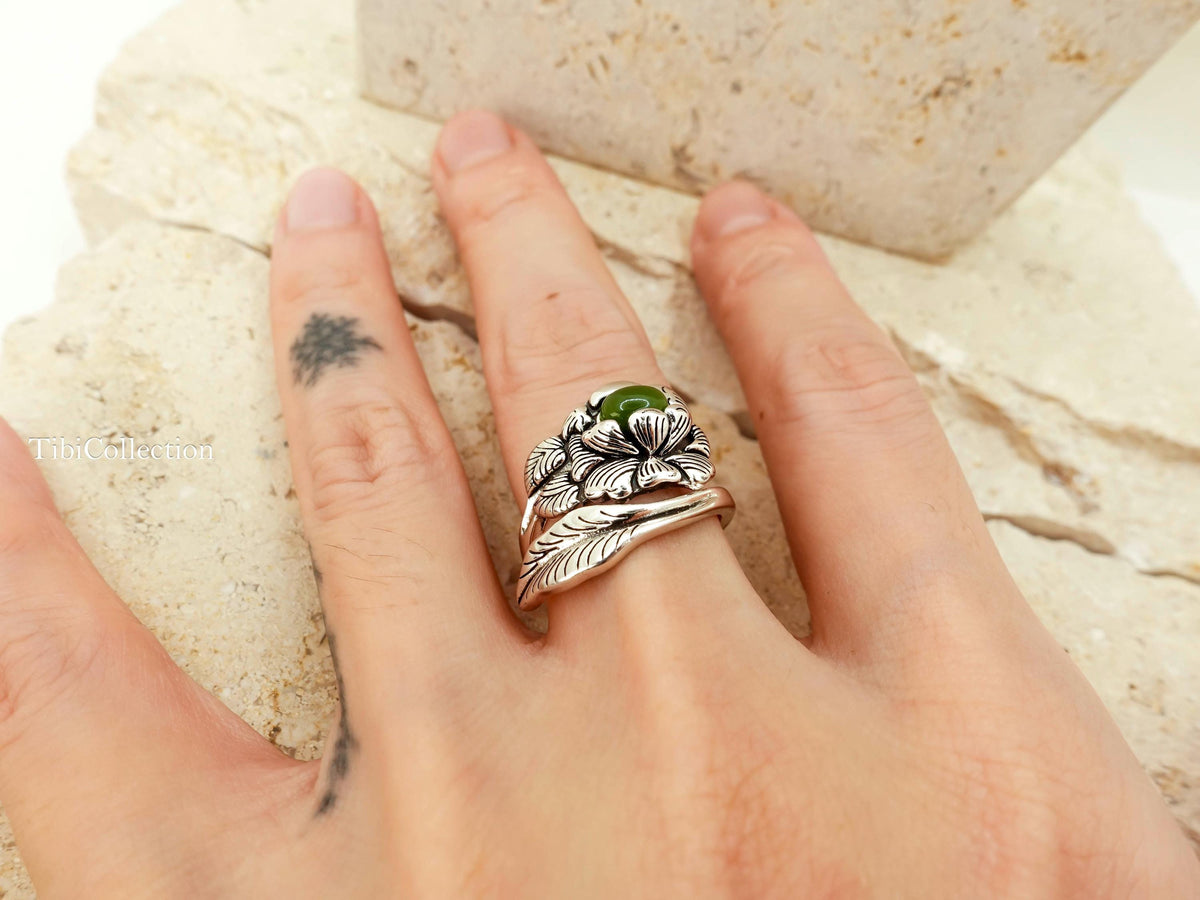 Sterling Silver Peony Jade Ring, Adjustable Birth Flower Statement Jewelry Gift for Mom Sis