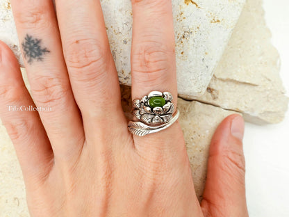 Sterling Silver Peony Jade Ring, Adjustable Birth Flower Statement Jewelry Gift for Mom Sis