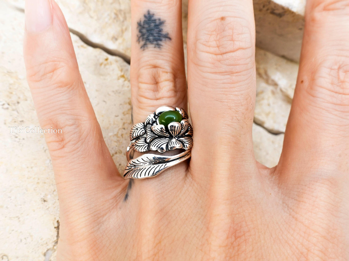 Sterling Silver Peony Jade Ring, Adjustable Birth Flower Statement Jewelry Gift for Mom Sis