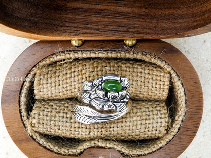 Sterling Silver Peony Jade Ring, Adjustable Birth Flower Statement Jewelry Gift for Mom Sis