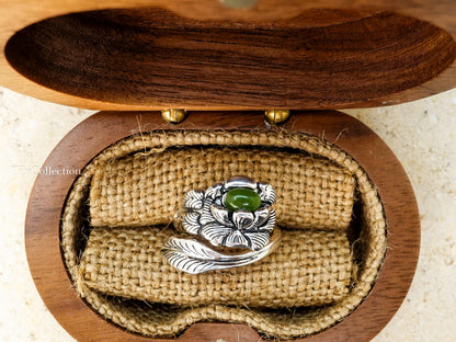 Sterling Silver Peony Jade Ring, Adjustable Birth Flower Statement Jewelry Gift for Mom Sis