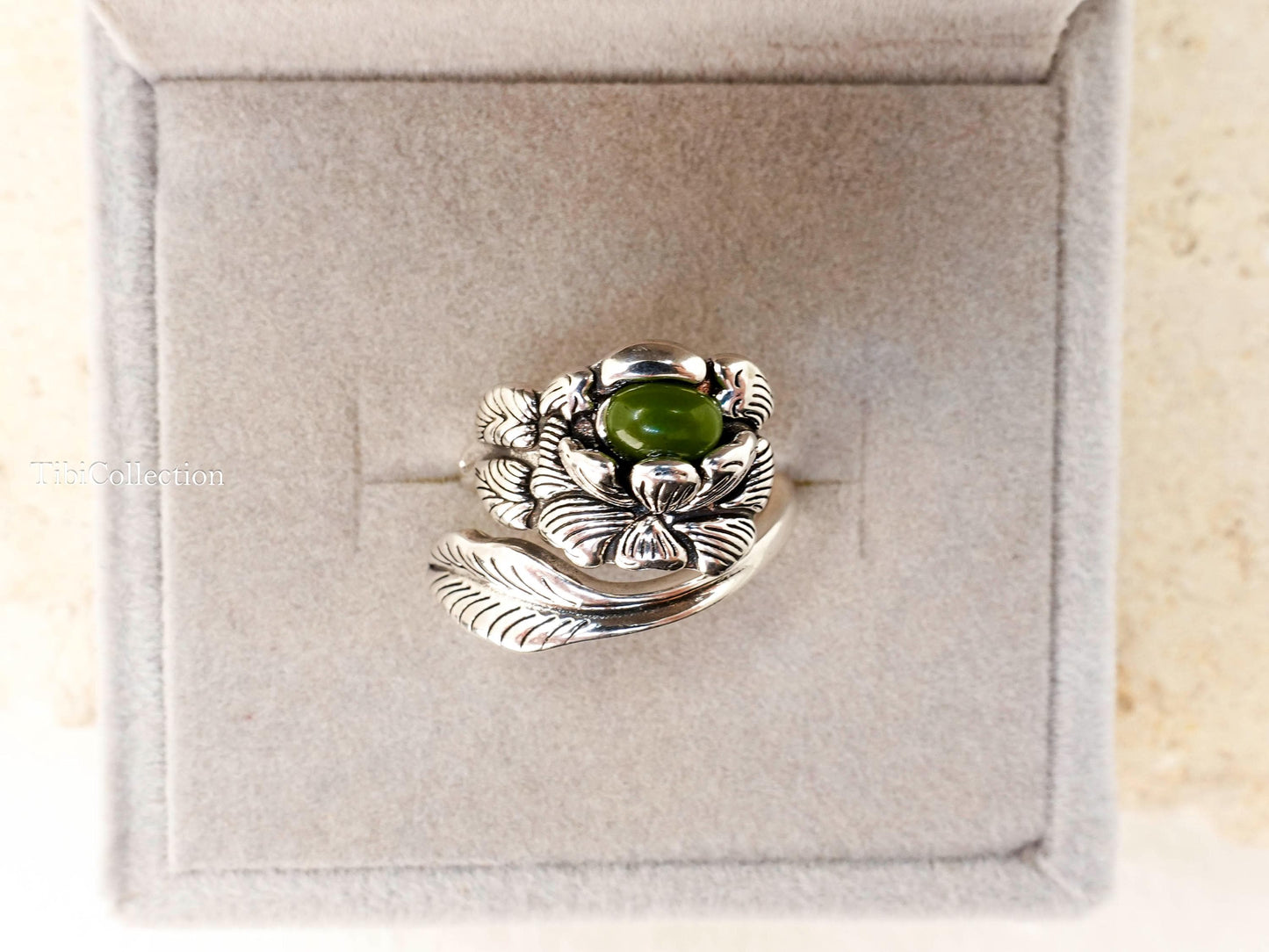 Sterling Silver Peony Jade Ring, Adjustable Birth Flower Statement Jewelry Gift for Mom Sis