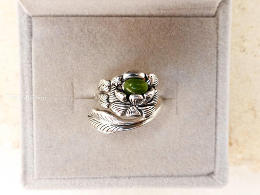 Sterling Silver Peony Jade Ring, Adjustable Birth Flower Statement Jewelry Gift for Mom Sis