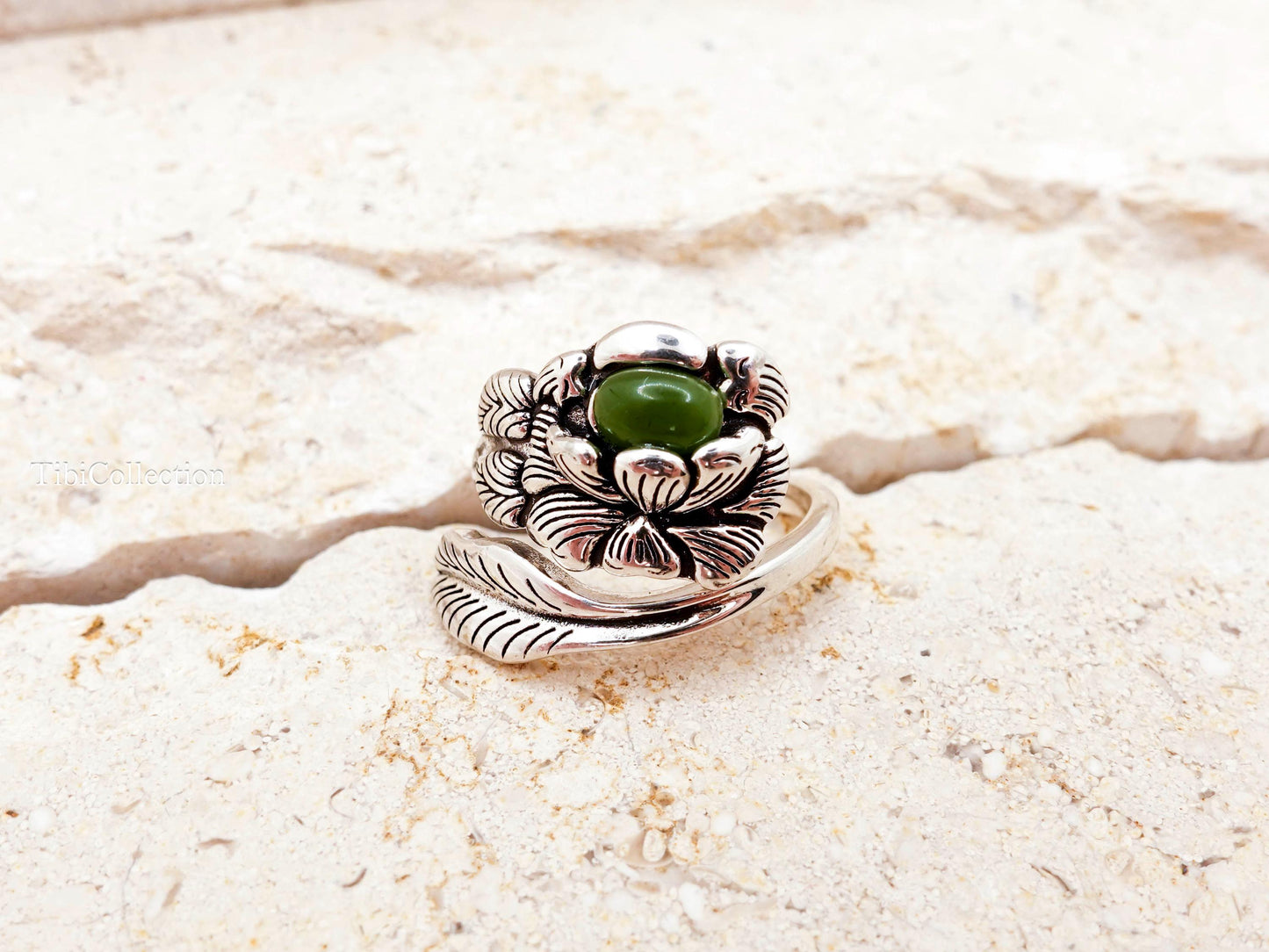 Sterling Silver Peony Jade Ring, Adjustable Birth Flower Statement Jewelry Gift for Mom Sis