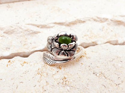 Sterling Silver Peony Jade Ring, Adjustable Birth Flower Statement Jewelry Gift for Mom Sis