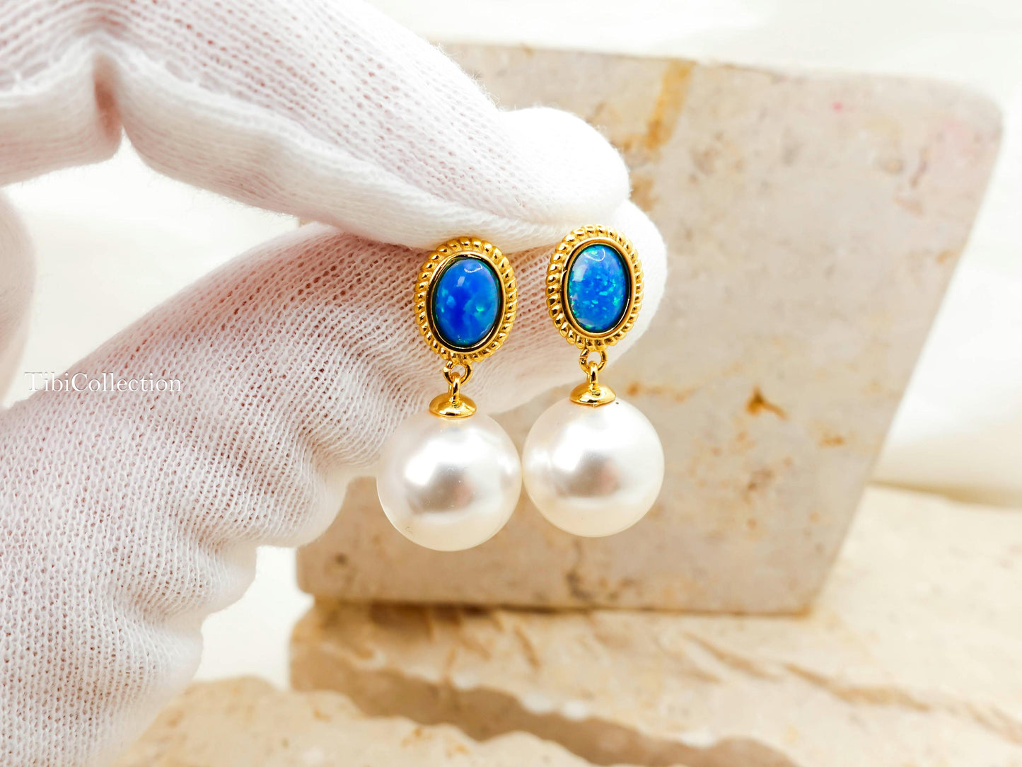 Freshwater Pearl Drop Earrings, Sterling Silver Gold Filled with Opal, June Birthstone Gift