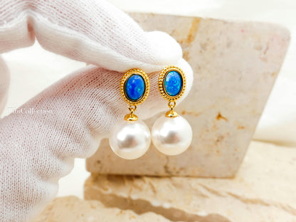 Freshwater Pearl Drop Earrings, Sterling Silver Gold Filled with Opal, June Birthstone Gift