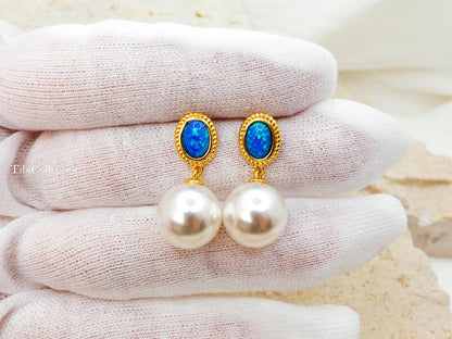 Freshwater Pearl Drop Earrings, Sterling Silver Gold Filled with Opal, June Birthstone Gift