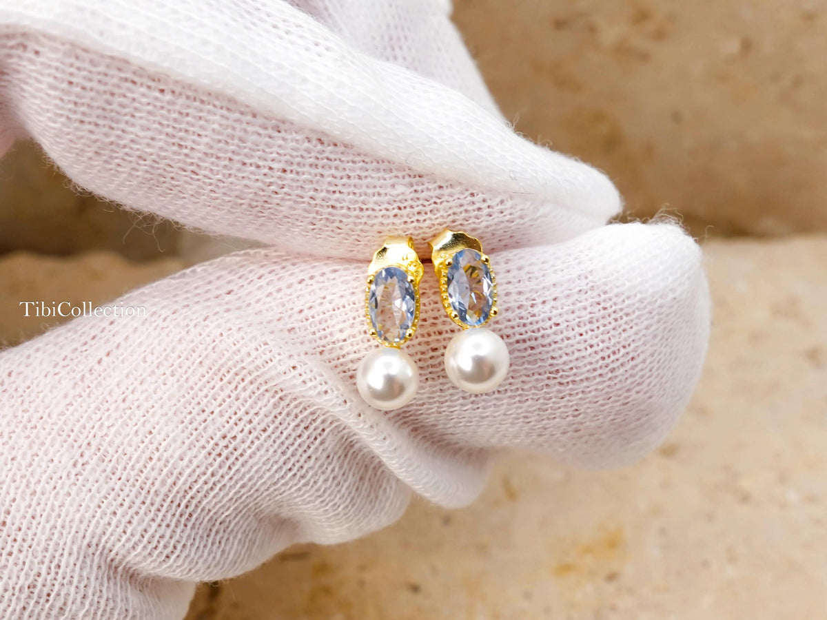Dainty Small Aquamarine Pearl Stud Earrings March June Birthstone Gift for Her