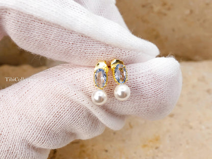 Dainty Small Aquamarine Pearl Stud Earrings March June Birthstone Gift for Her