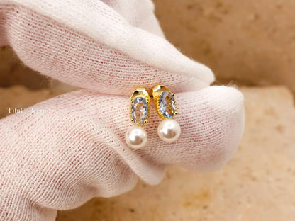Dainty Small Aquamarine Pearl Stud Earrings March June Birthstone Gift for Her