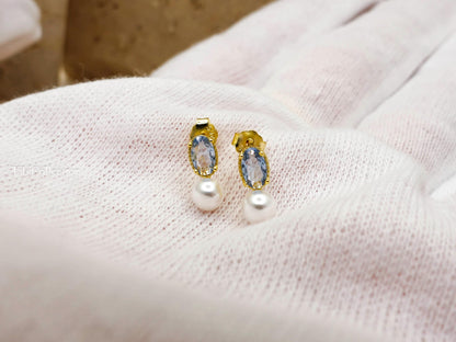 Dainty Aquamarine Pearl Stud Earrings March June Birthstone Gift for Her
