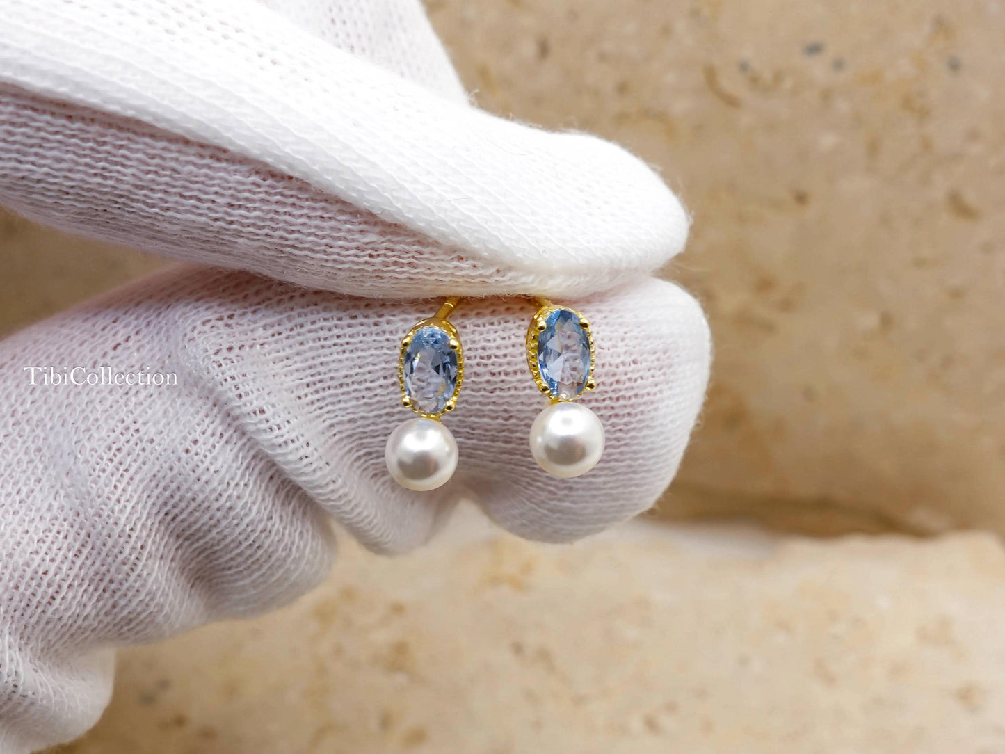 Dainty Aquamarine Pearl Stud Earrings March June Birthstone Gift for Her