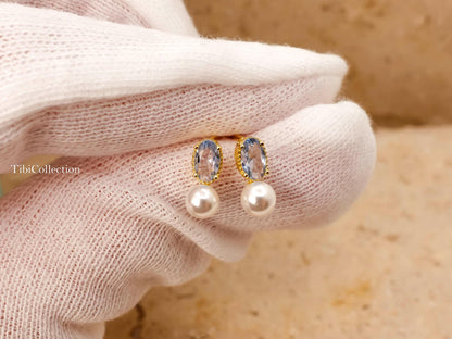 Dainty Aquamarine Pearl Stud Earrings March June Birthstone Gift for Her