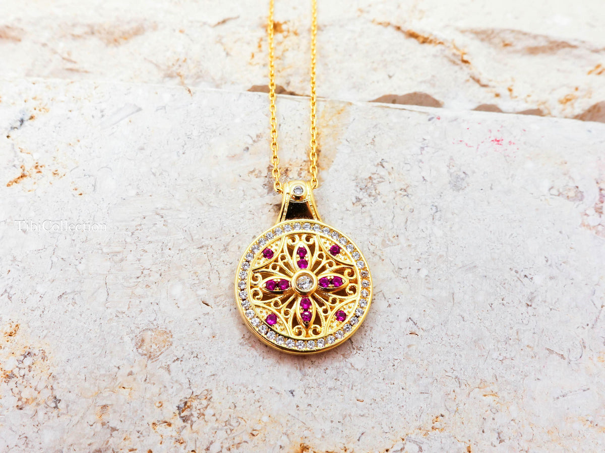 Double Sided Sun Necklace, Gold Filled Pink Sapphire Moissanite Fidget Necklace Confirmation Gift