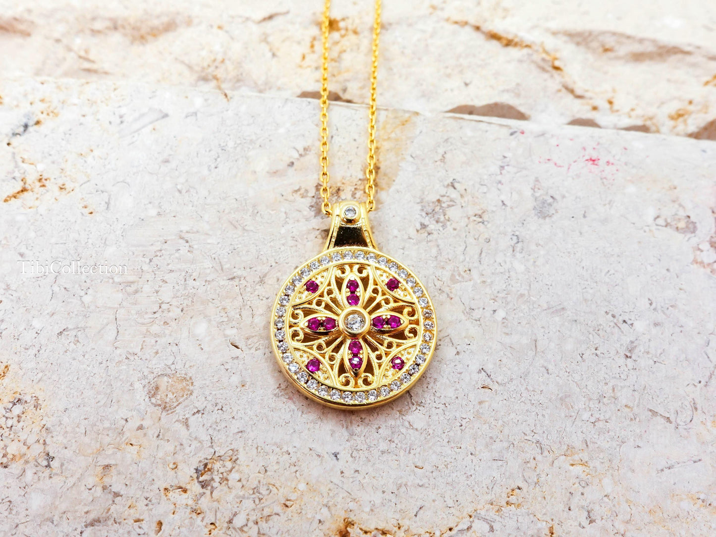 Double Sided Sun Necklace, Gold Filled Pink Sapphire Moissanite Fidget Necklace Confirmation Gift