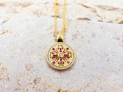 Double Sided Sun Necklace, Gold Filled Pink Sapphire Moissanite Fidget Necklace Confirmation Gift