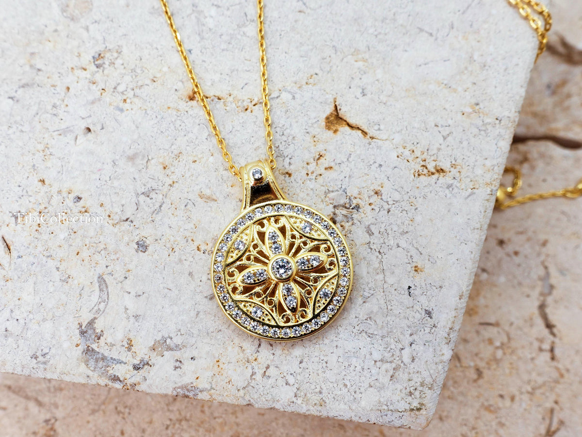 Double Sided Sun Necklace, Gold Filled Pink Sapphire Moissanite Fidget Necklace Confirmation Gift