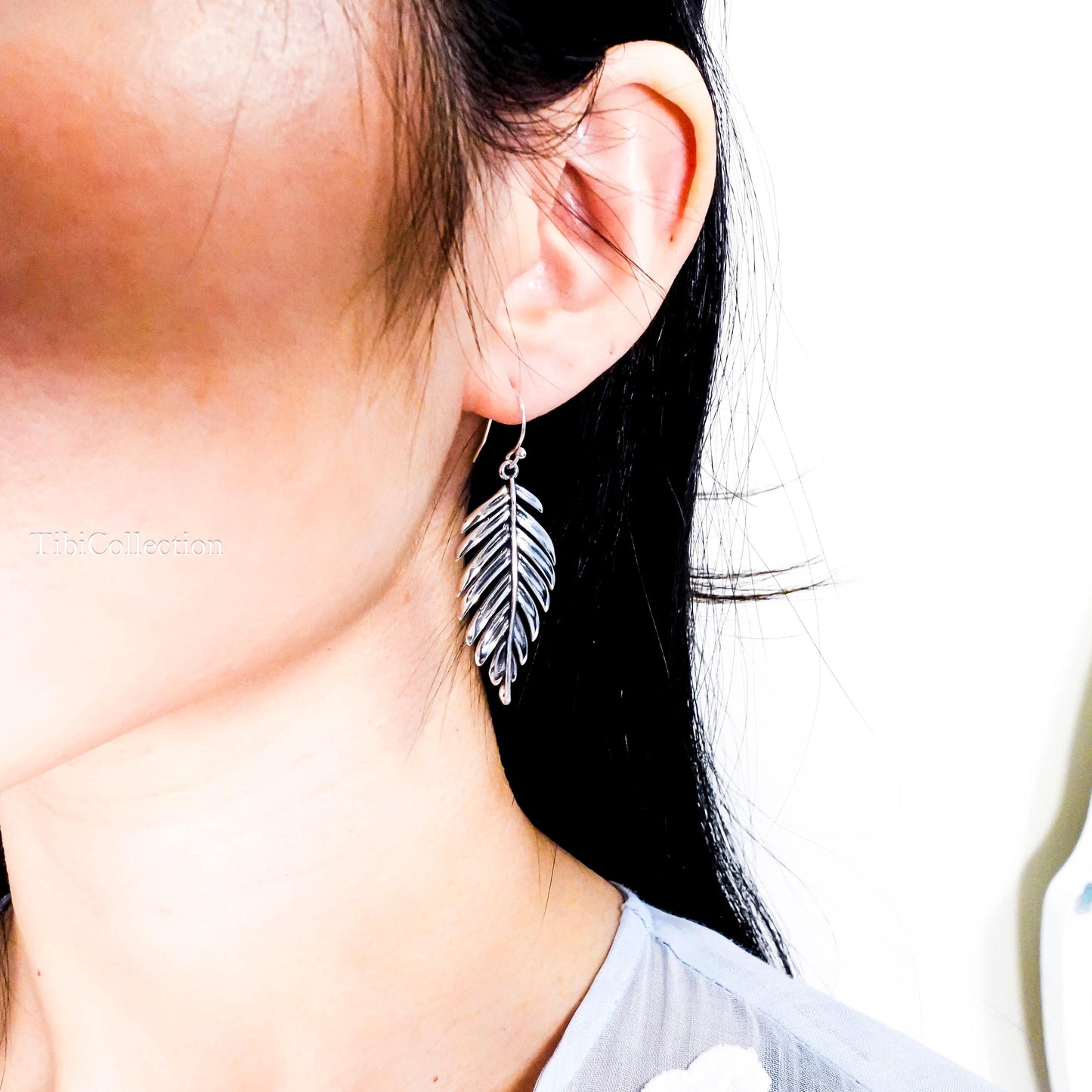 Sterling Silver Leaf Dangle Earrings, Fern Leaf Feather Boho Jewelry Gift for Her