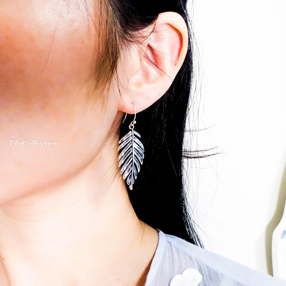 Sterling Silver Leaf Dangle Earrings, Fern Leaf Feather Boho Jewelry Gift for Her
