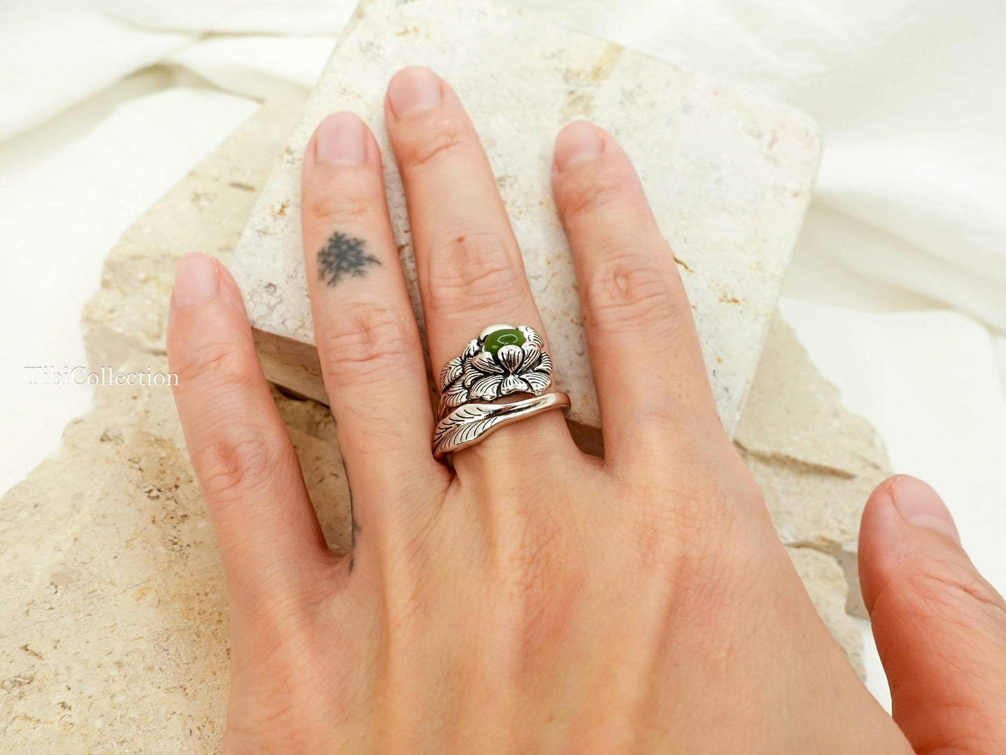 Sterling Silver Peony Jade Ring, Adjustable Birth Flower Statement Jewelry Gift for Mom Sis