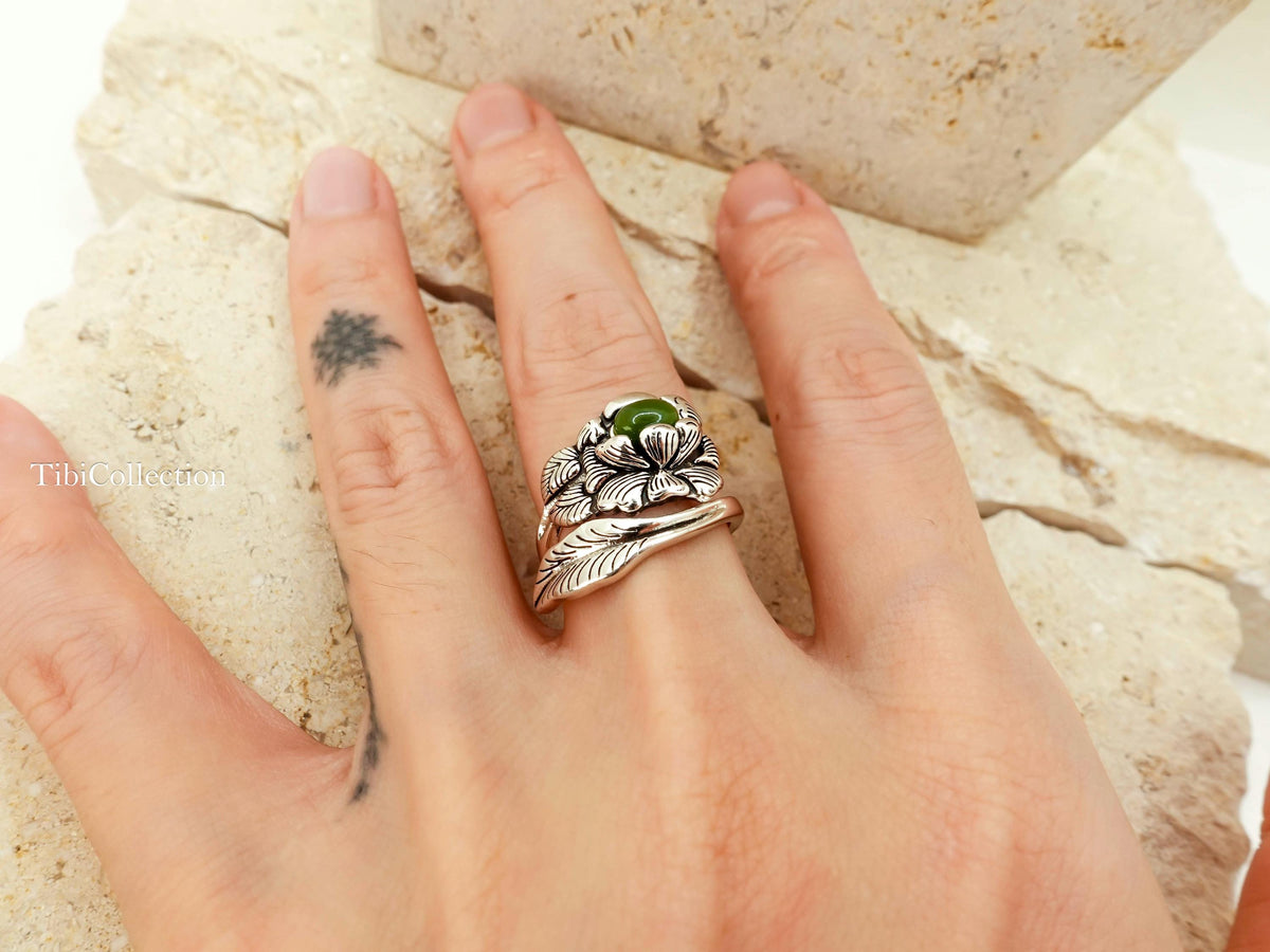 Sterling Silver Peony Jade Ring, Adjustable Birth Flower Statement Jewelry Gift for Mom Sis