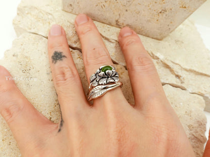 Sterling Silver Peony Jade Ring, Adjustable Birth Flower Statement Jewelry Gift for Mom Sis