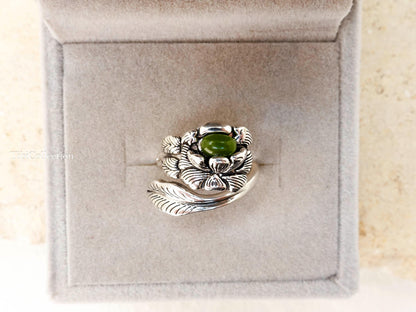 Sterling Silver Peony Jade Ring, Adjustable Birth Flower Statement Jewelry Gift for Mom Sis
