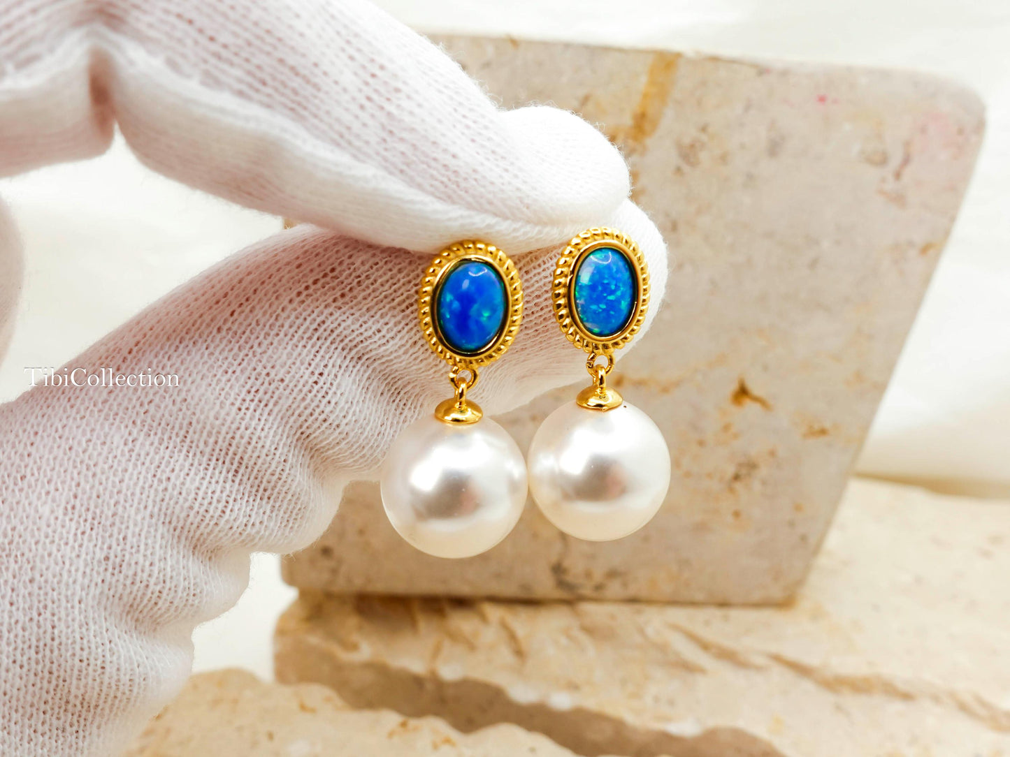 Freshwater Pearl Drop Earrings, Sterling Silver Gold Filled with Opal, June Birthstone Gift