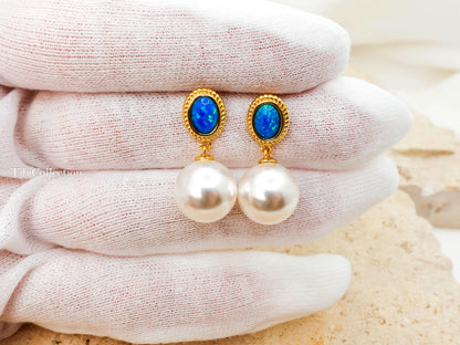 Freshwater Pearl Drop Earrings, Sterling Silver Gold Filled with Opal, June Birthstone Gift