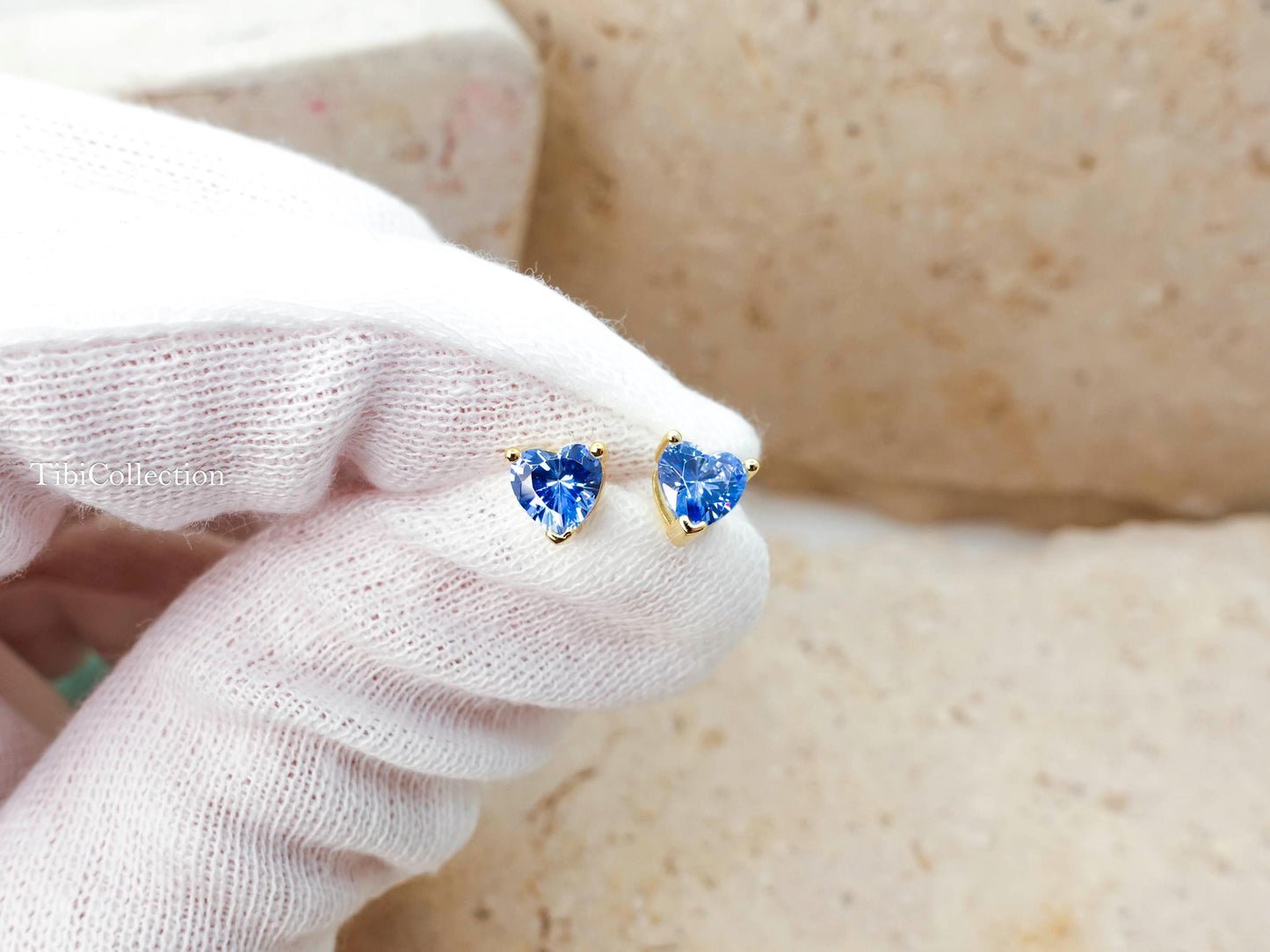 Dainty Blue Topaz Stud Earrings, Tiny Heart Conch Tragus Cartilage Helix Studs Gift