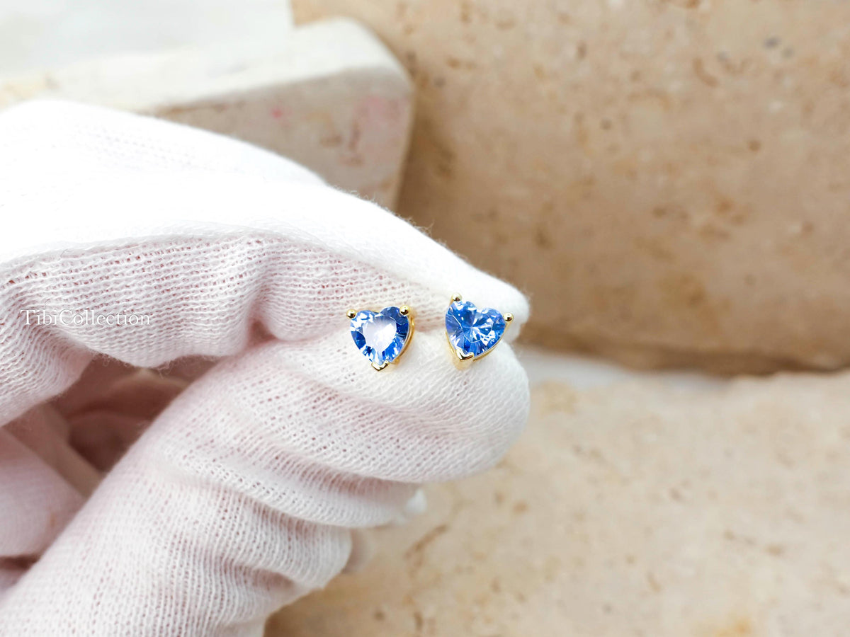 Dainty Blue Topaz Stud Earrings, Tiny Heart Conch Tragus Cartilage Helix Studs Gift