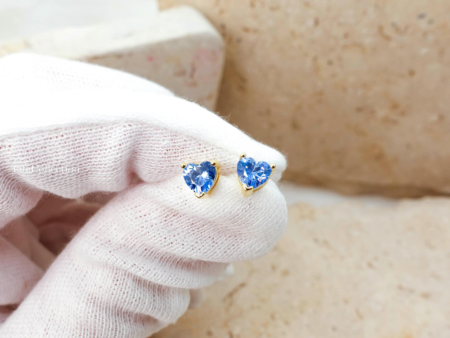 Dainty Blue Topaz Stud Earrings, Tiny Heart Conch Tragus Cartilage Helix Studs Gift