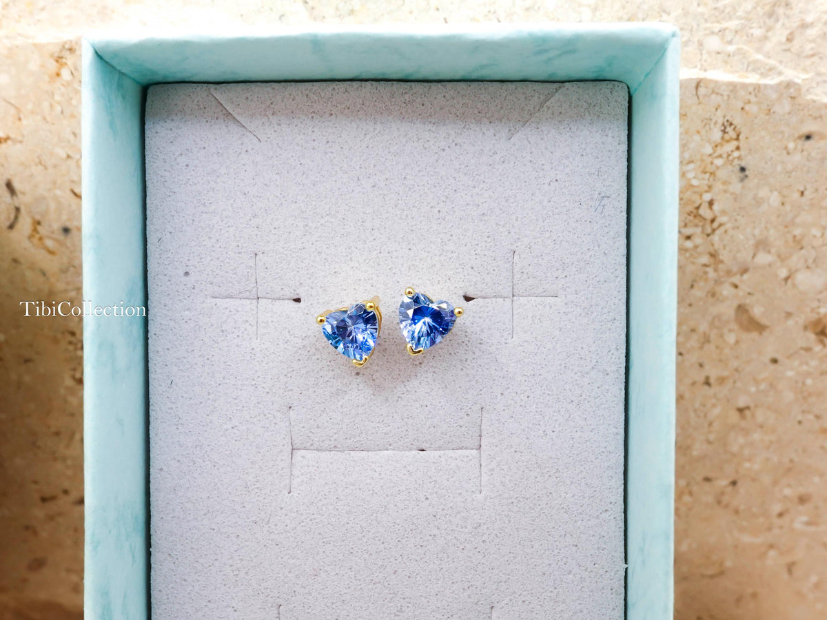 Dainty Blue Topaz Stud Earrings, Tiny Heart Conch Tragus Cartilage Helix Studs Gift