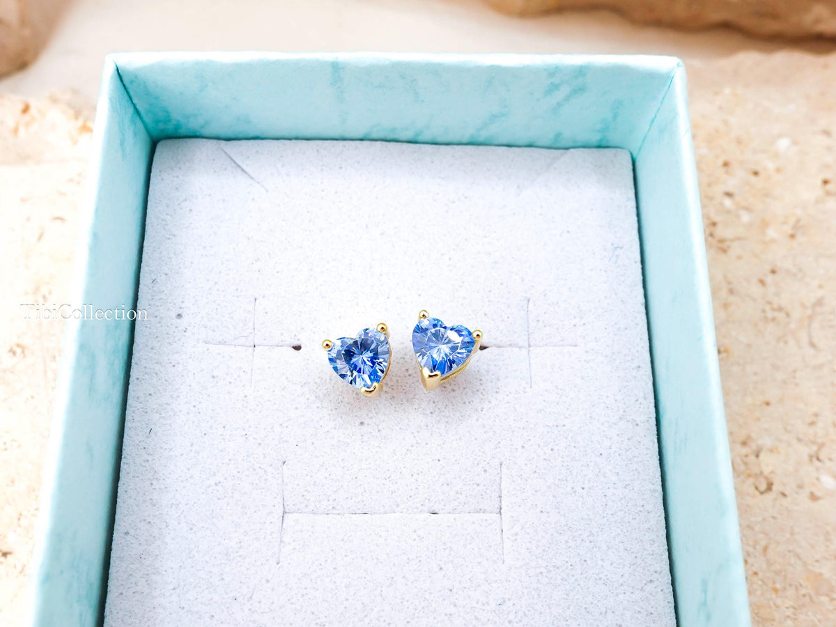 Dainty Blue Topaz Stud Earrings, Tiny Heart Conch Tragus Cartilage Helix Studs Gift