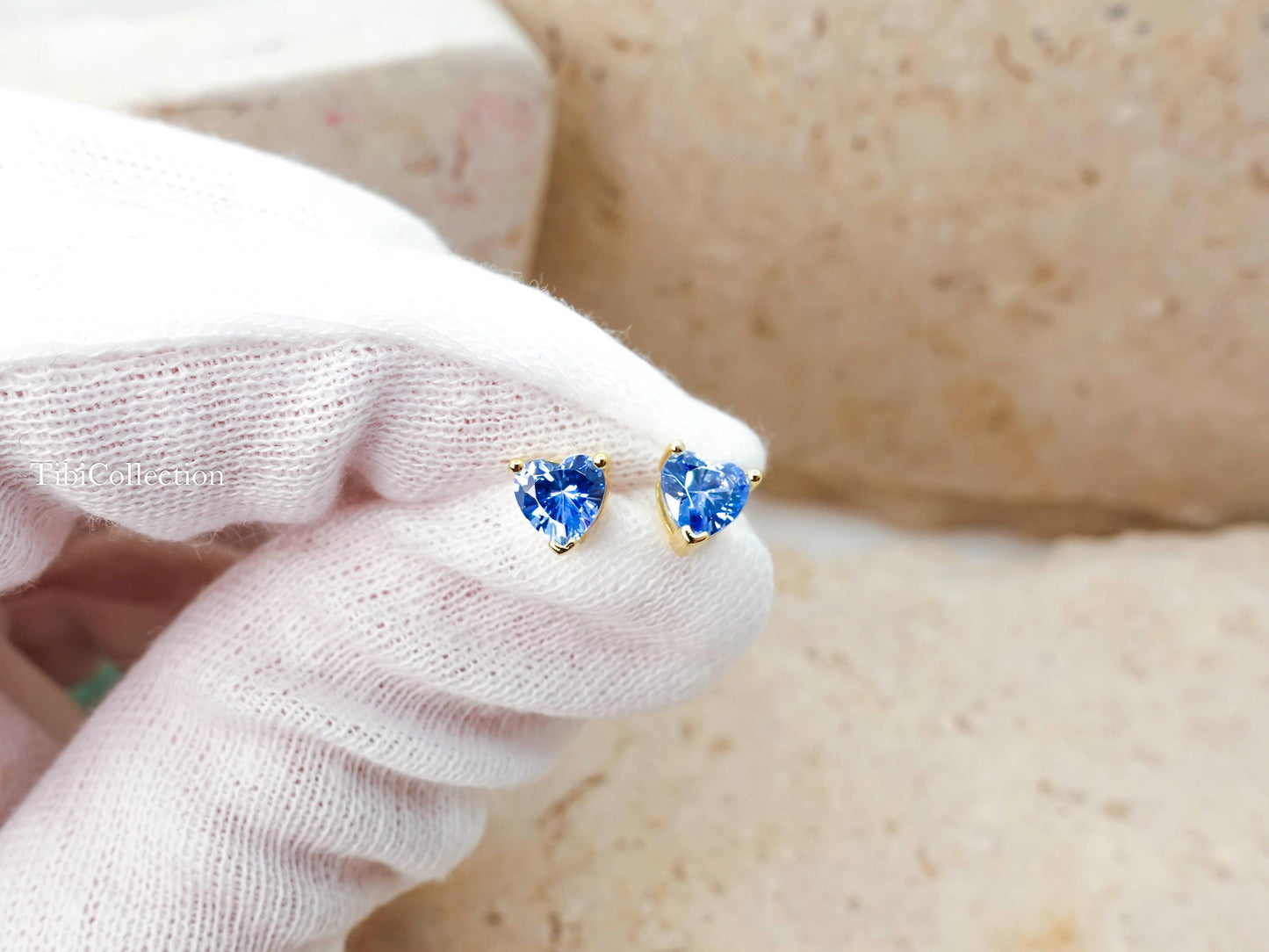 Dainty Blue Topaz Stud Earrings, Tiny Heart Conch Tragus Cartilage Helix Studs Gift