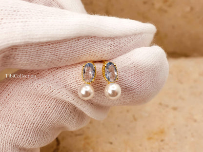 Dainty Aquamarine Pearl Stud Earrings March June Birthstone Gift for Her