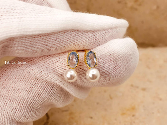 Dainty Aquamarine Pearl Stud Earrings March June Birthstone Gift for Her