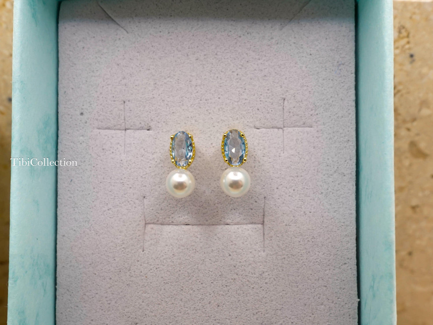 Dainty Aquamarine Pearl Stud Earrings March June Birthstone Gift for Her