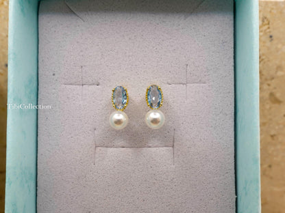 Dainty Aquamarine Pearl Stud Earrings March June Birthstone Gift for Her