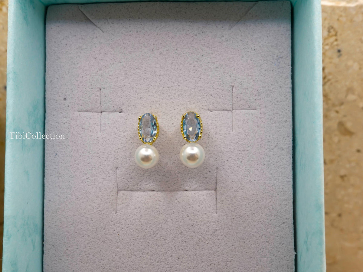 Dainty Small Aquamarine Pearl Stud Earrings March June Birthstone Gift for Her